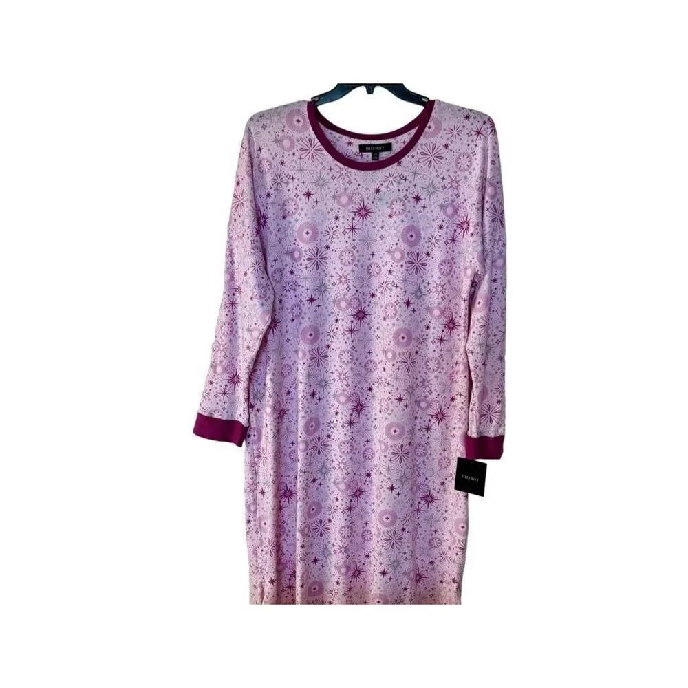 Ellen Tracy 1X Plus Night Gown Snowflake Pink Print Sweater Knit
